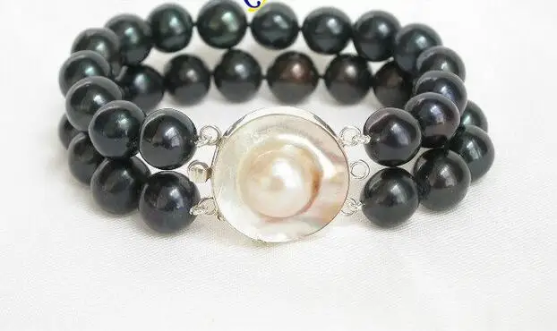 

Free Shipping >> new hot Genuine 8" 2row 12mm round black pearl bracelet Mabe 925s clasp j6746