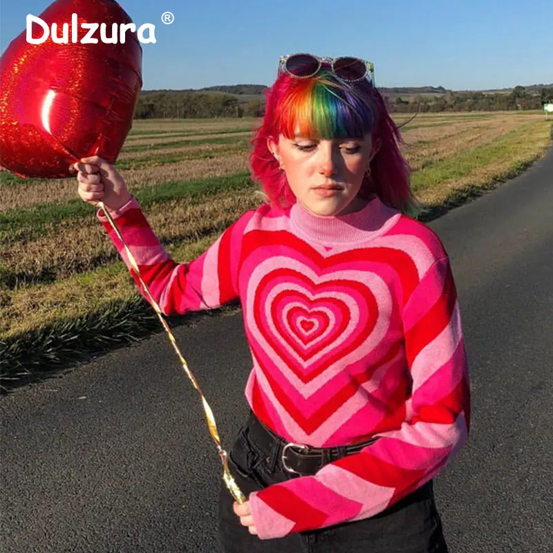 

Harajuku Sweet Pink Love Heat Patchwork Knitted Pullovers 2019 Brand Fashion O-Neck Sweaters Punk Style Streetwear Femme