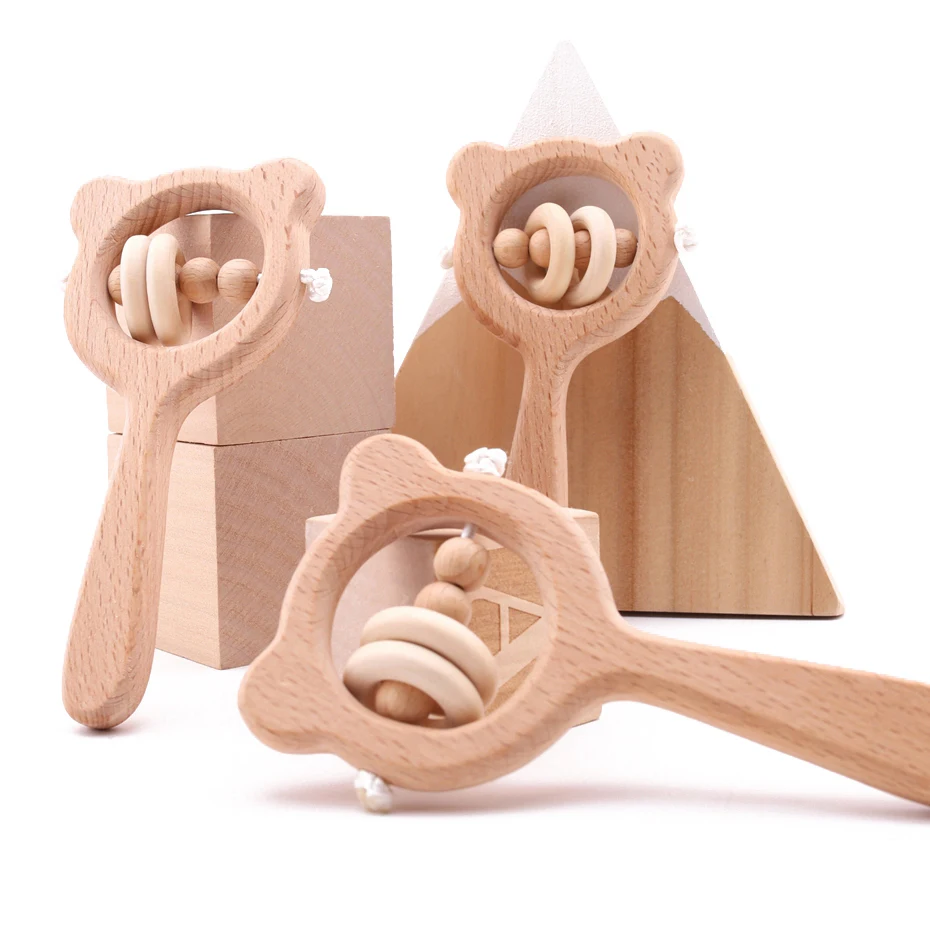 

Wooden Rattle Beech Bear Hand Teething Wooden Ring Baby Rattles Play Gym Montessori Stroller Toy Educational Toys Let's Make