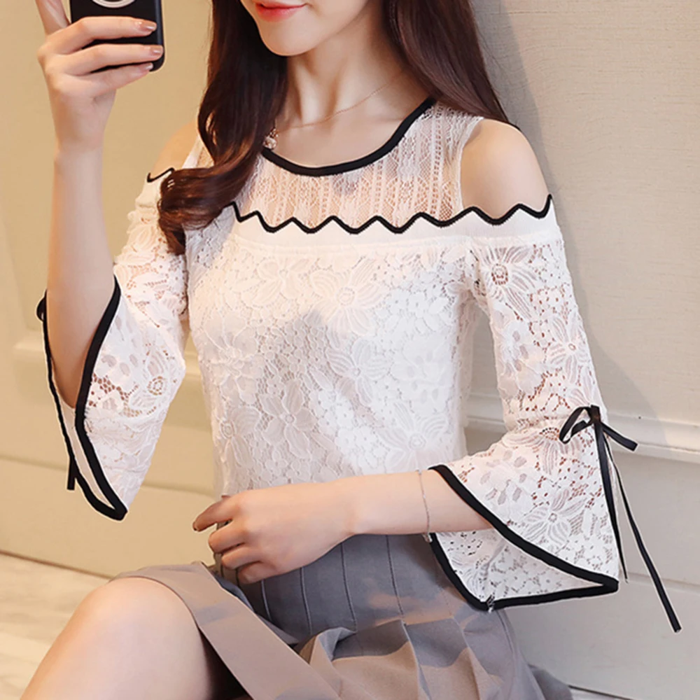 

Autumn Women Lace Cold Shoulder Half Sleeve Tops Blouse Female Fashion Tops Round Neck