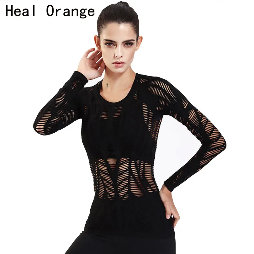 

HEAL ORANGE Women Yoga Top Hollow Out Full Sleeve Quick Dry Sports Gym Running Jogging Shirt Sport T Shirt Fitness Clothing