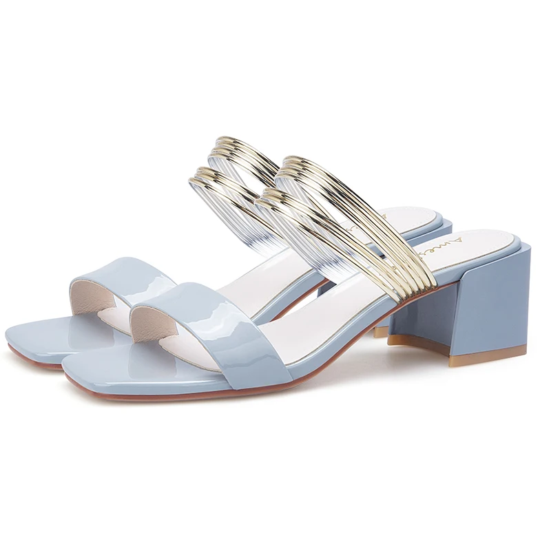 

2019 Summer Black Blue Women Sandals 4cm Block High Heels Mules Femme Shoes 11813ABX2260