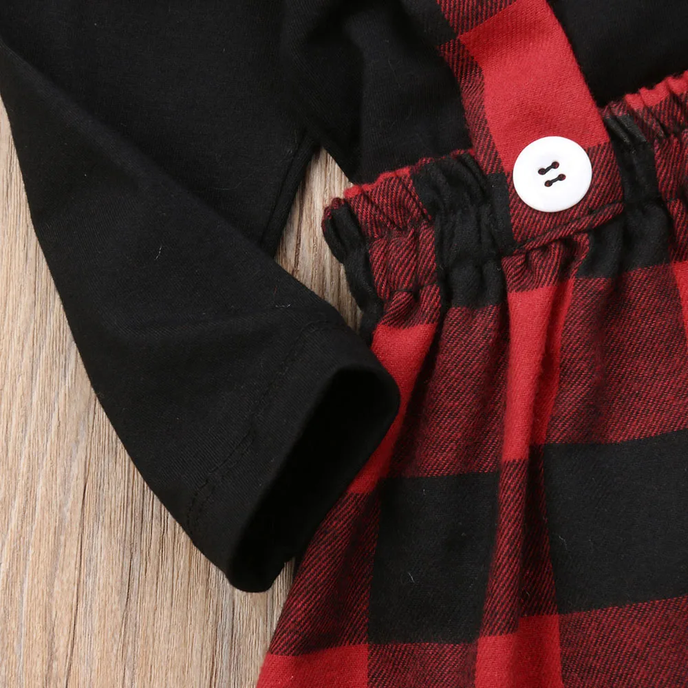 Модные Симпатичная одежда для маленьких девочек комплекты осень-зима с длинными рукавами черная футболка+ красные клетчатые ремешок комбинезоны юбки комплект одежды
