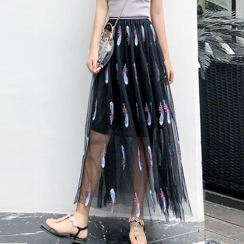 

Spring Sweet Embroidered Feathers Maxi Long Layered Tulle Pleated Skirts Fashion Joker Blue Feather Embroidery Gauze Skirt