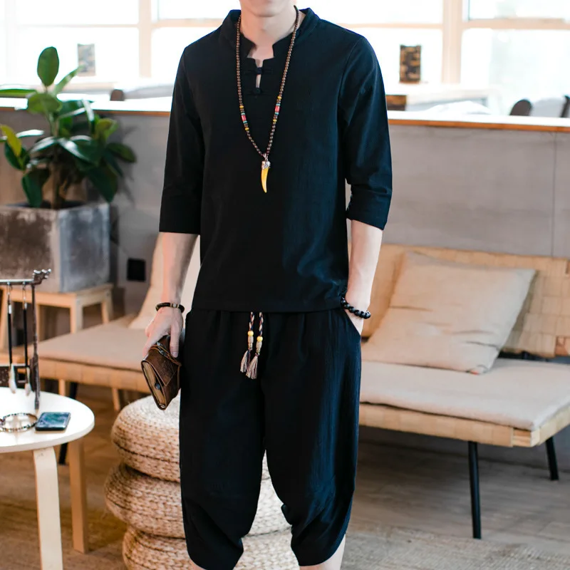 

#3413 Vintage Cotton Linen Two Piece Set Top And Pants Stand Collar T Shirt Chinese Style Casual Tracksuit Retro Plus Size 5XL