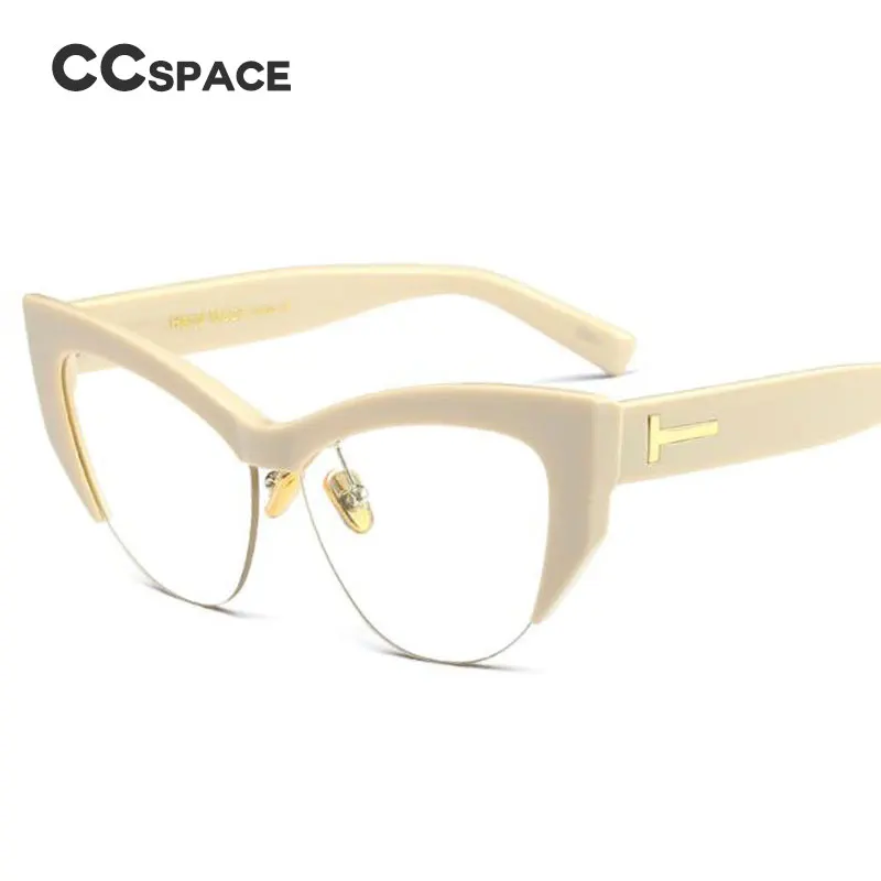

CCSPACE Lady's Cat Eye Glasses Frames Men Women Seme-Rimless T Rivet Brand Designer Optical EyeGlasses Fashion Eyewear 45108