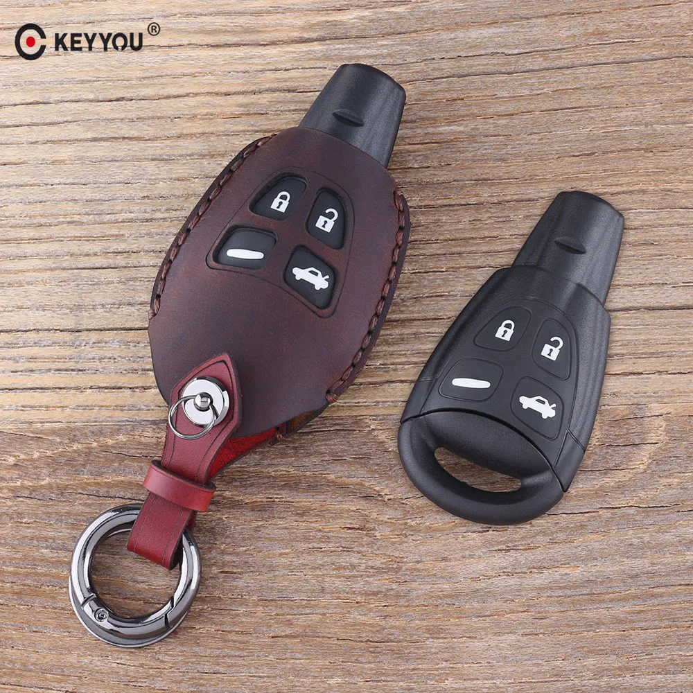 

KEYYOU Leather Car Key Case Car Styling 4 Button Key Fob Shell Cover For SAAB 9-3 93 2003-2009 Keychain Car Key Bag
