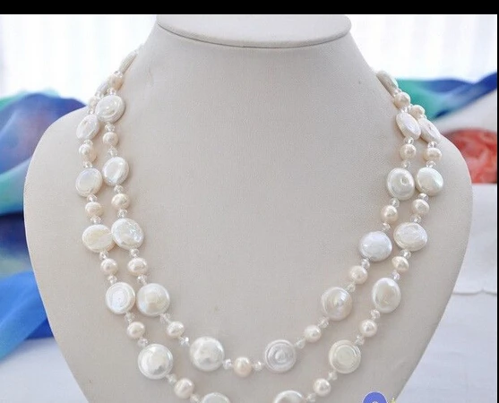 

FREE SHIPPINGP3298 42" white round / coin freshwater pearl clean faceted crystal necklace