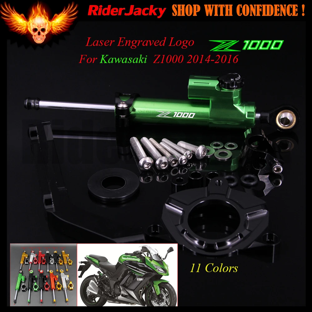 

For KAWASAKI Z1000 Z 1000 2014 2015 2016 Green Adjustable Linear Reversed CNC Motorcycle Steering Damper with bracket Support