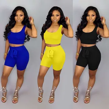 

2019 Summer Solid Color Sleeveless Strap Strapless Crop Tops Bandage Shorts Women Casual Sport Style Two Piece Outfits