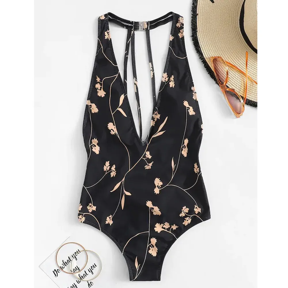 

Women Sexy Floral Bikini Backless Bandage Swimjupmsuit Push-Up Padded High Waist Swimwear Brazil Beach Halter One Piece Suit
