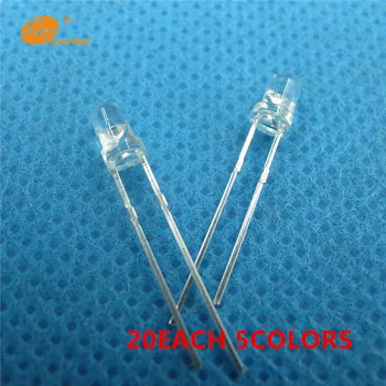 

100 PCS 3MM led Round Top 20 x 5 colors White+Red+Blue+Green+Yellow Urtal Bright Light Bulb Led kit Lamp 3MM Diodes