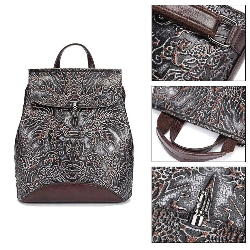 

Women Genuine Leather Embossed Backpack National Style Daypack School Bag Travel Casual Rucksack