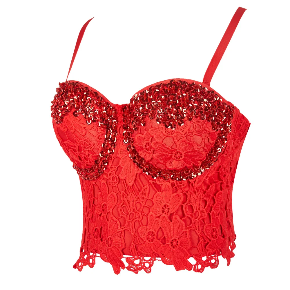 

2019 Summer Sexy Lace Flora Rhinestone Party Crop Top Women Strap Sleeveless Red Tank Tops