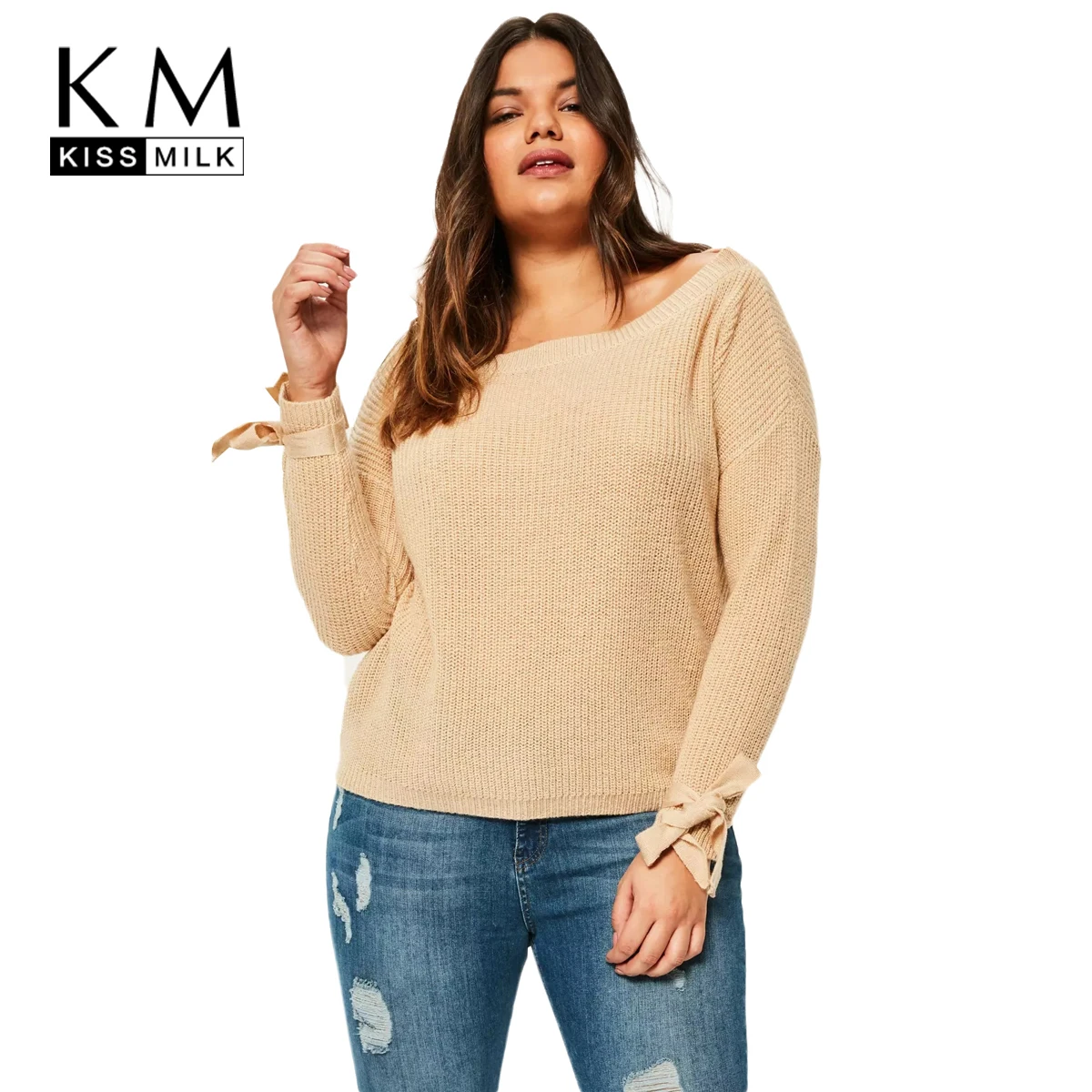 

Kissmilk 2018Plus Size Solid Lace Up Women Sweaters Large Size O-neck Long Sleeve Female Pullovers Big Size Casual Lady Clothing