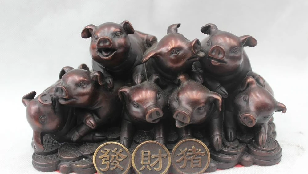 

5"Chinese China Fengshui Bronze Zodiac Year Money Pigs Statue statuary Sculpture