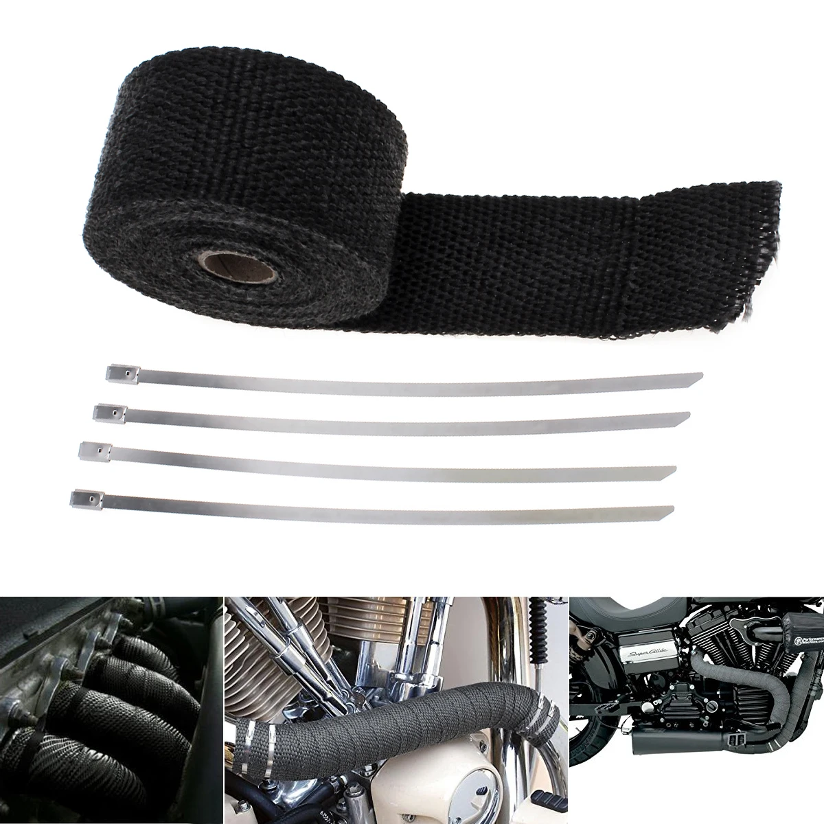 38mm x 5M Roll Fiberglass Exhaust Header Pipe Heat Wrap Tape Cloth Tie Kit Black