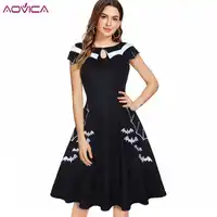 5XL 4XL Plus Size Gothic Summer Dress Women Vestidos Black Bat Embroidery Hollow-Out Block Turn-down Collar Halloween Dresses