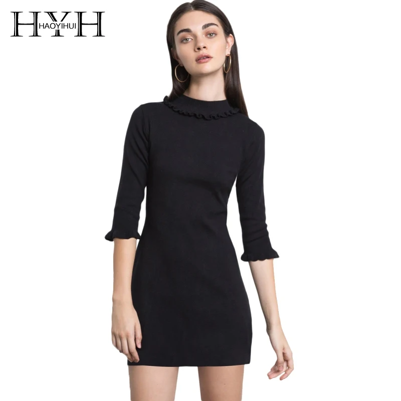 Женское трикотажное мини платье HYH HAOYIHUI черное кружевное с рукавом бабочкой|mini