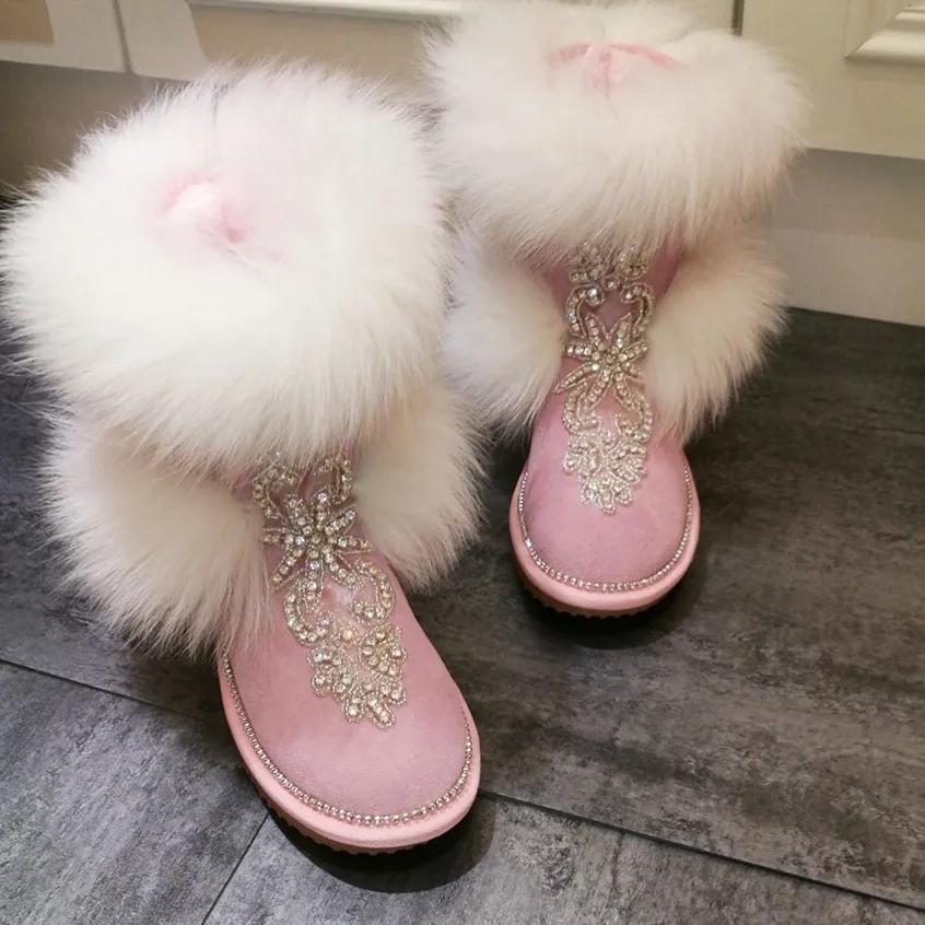 Toe Décontractées À Ronde Filles Luxe Chaussures Nouveau Plates Abesire Bottines 2019 Cheveux Sexy Renard Neige Strass Femmes Slip sur Bottes De Dames Rose aYqw10