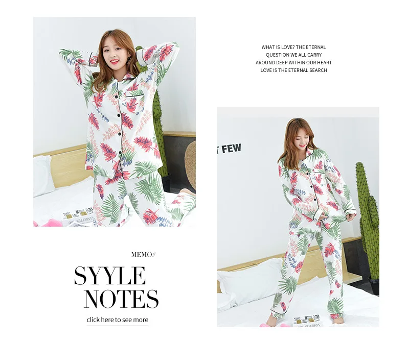 100% хлопок пижамы с длинными рукавами пижамы женские весна и осень свежий сладкий хлопок корейский Pijama Mujer Листья печати пижамы