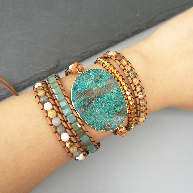 

EDOTHALIA Trendy 5 Wraps Bracelet Ocean Stone Handwoven Bohemian Amazonite Stone Bead Leather Bracelet Boho Chic Jewelry