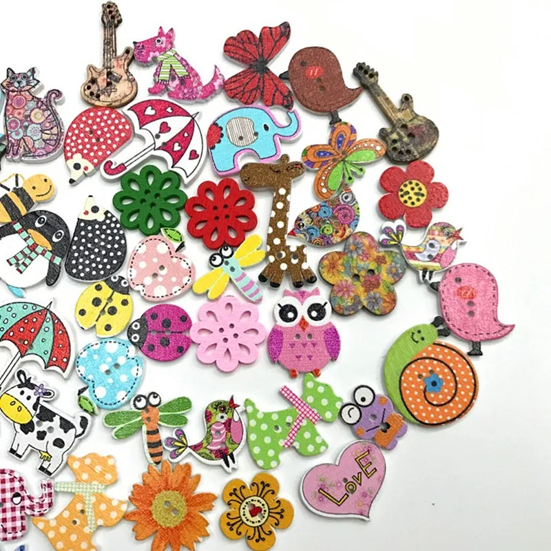 

50/Pcs New Decorative Button For Children Scrapbooking Accessories Sewing Mixed Wooden Buttons Printing Clothes Crafts Animals