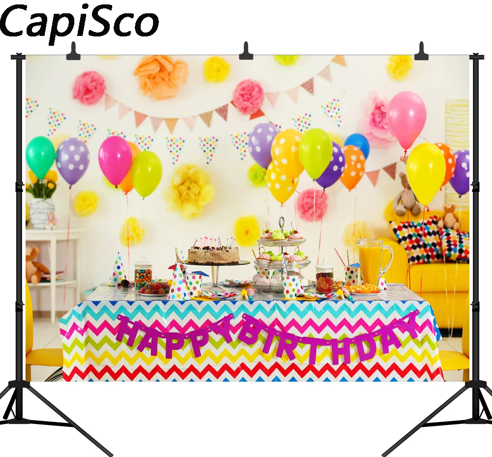 

Capisco Balloons cake Birthday Party Scene Baby Photography Backdrops Custom Photographic Backgrounds For Home Photo Studio