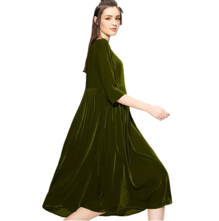 Осень Зима вельветовое свободное винтажное платье с круглым вырезом и длинными рукавами женское золотое бархатное Повседневное Платье Женское Vestidos большой размер B - Цвет: Армейский зеленый