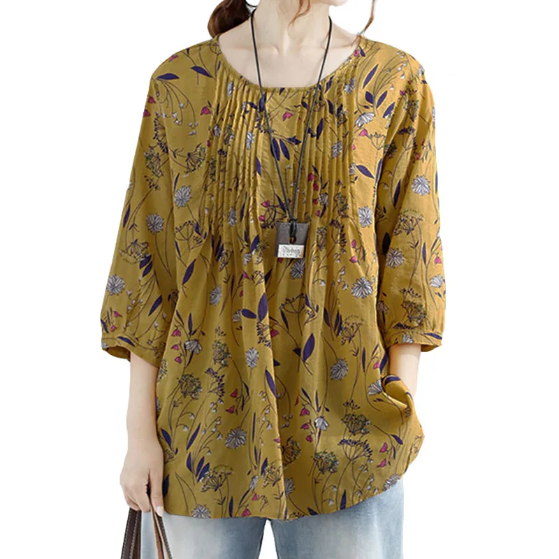 Tanie 5XL Plus Rozmiar Bluzka Top Sexy V neck 3 4 Rękaw Loose Kwiat Drukuj Bawełniana Koszula Kobiety Topy Prairie Chic Rozrywka Bluzki ż oacute;łty