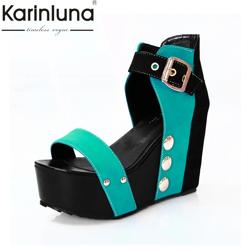 

Karinluna 2018 Size 35-38 Women Sandals Wedge High Heels Woman Sandals Buckle Strap Shoes Woman Black Red Platform Sandals