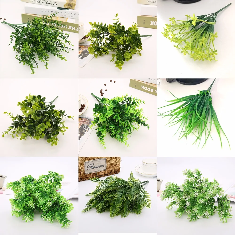 Description Picture 2 of item1pc Artificial Flowers with Leaf Green Grass Plastic Plants Fake Leaf Foliage Bush for Home Wedding Decoration Party Supplies