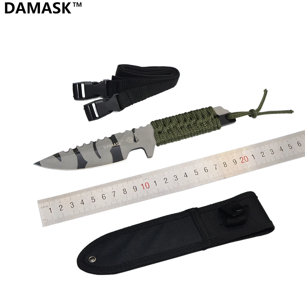 Damask Stainless Steel Fixed Blade Outdoor Straight Knife Serrated Edge Leggings Handle Camping