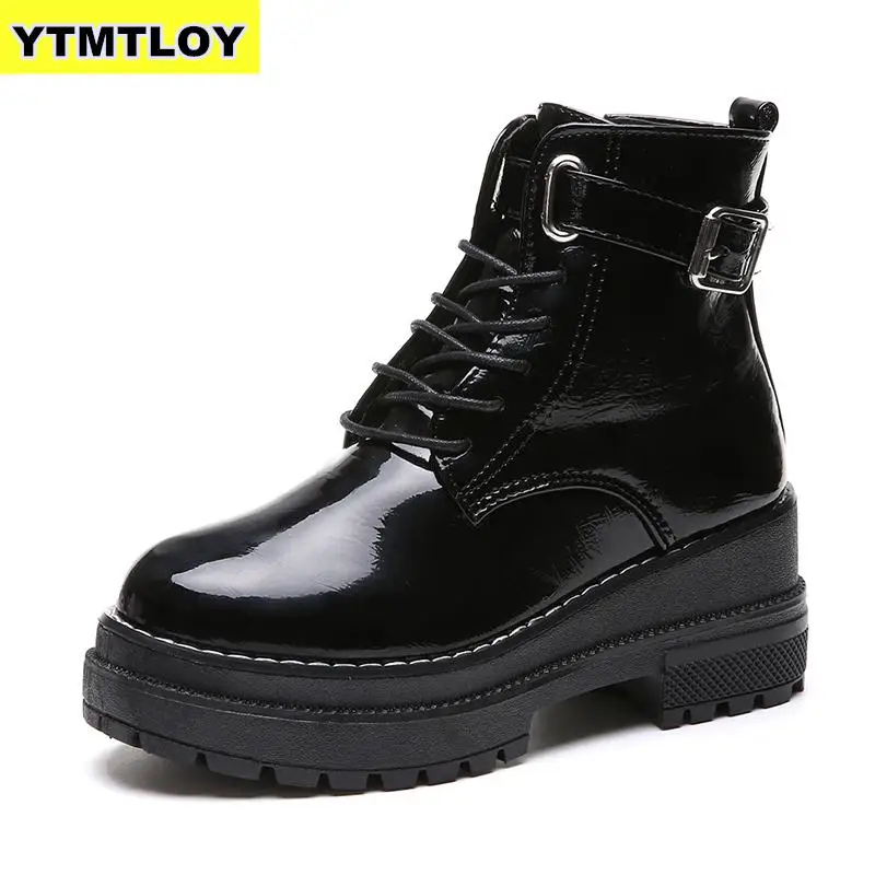 

2019 Women's Flat Platform Ankle Boots Spring Patent Leather Boot Black Lace Up Creepers Shoes Fashion Party Footwear Chunky