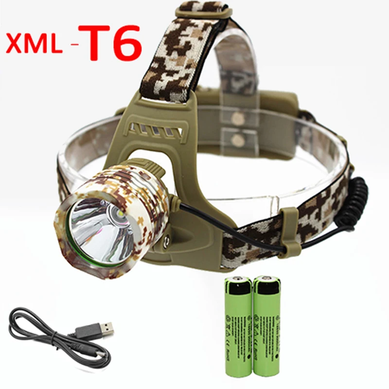 

3500Lumen XM-L T6 LED Camouflage Headlamp Headlight Head Torch camping Flash light +2x 18650 Battery+ Cable Charger