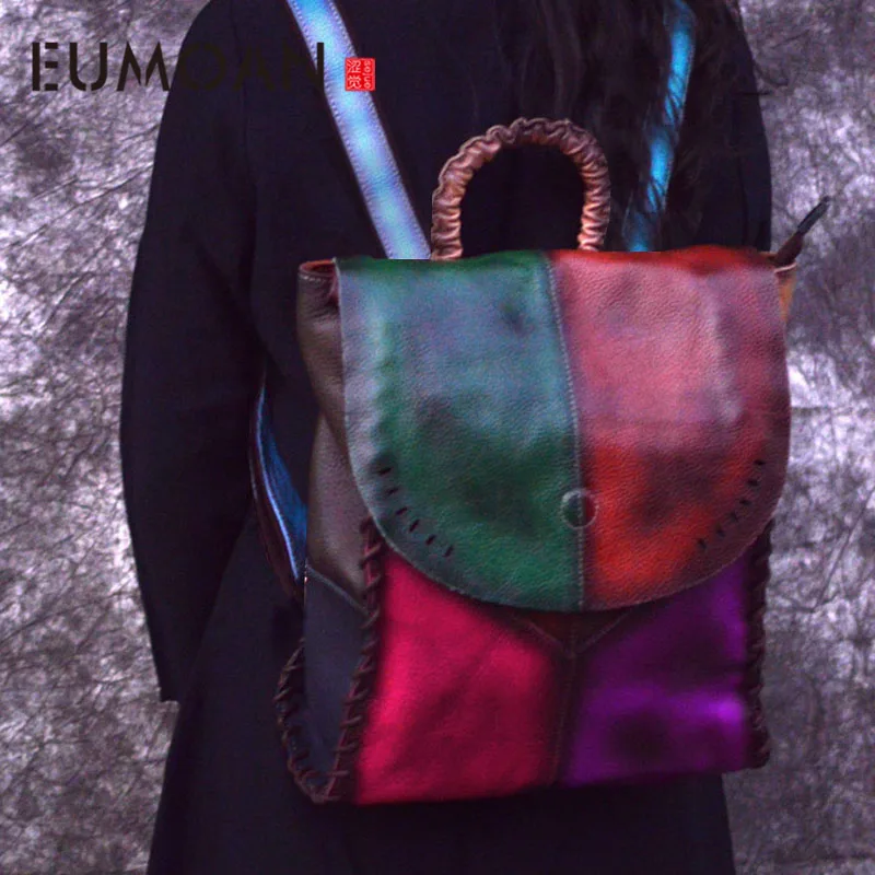 

EUMOAN Genuine Leather Handmade Vintage Women Backpack Female Bags 2019 High Quality Cow Leather Backpack patchwork colorful bag
