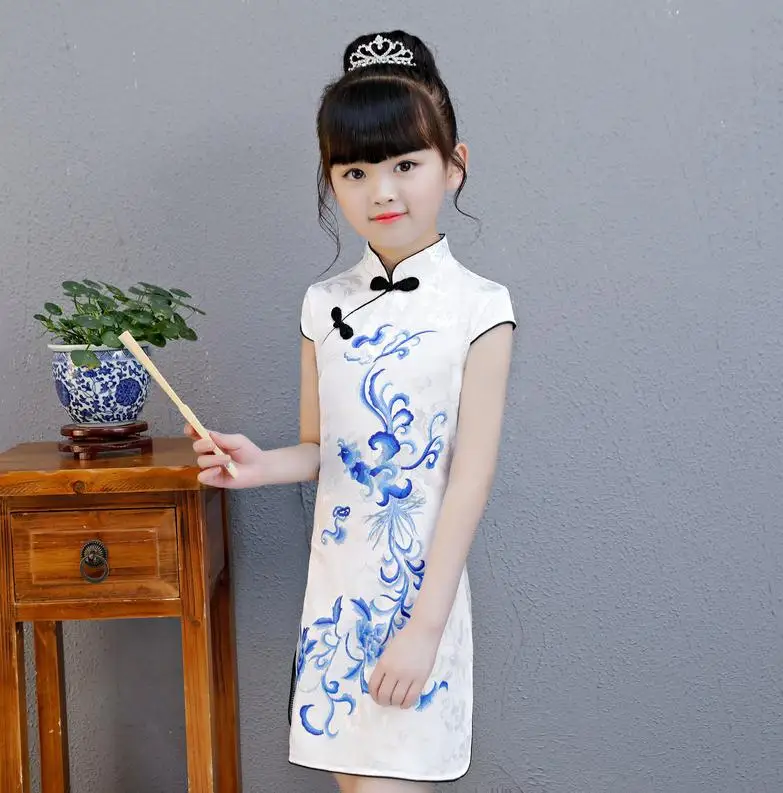 Милое китайское платье Ципао с цветочным принтом для девочек; Хлопковое платье для девочек; подарок на год; вечерние платья - Цвет: B