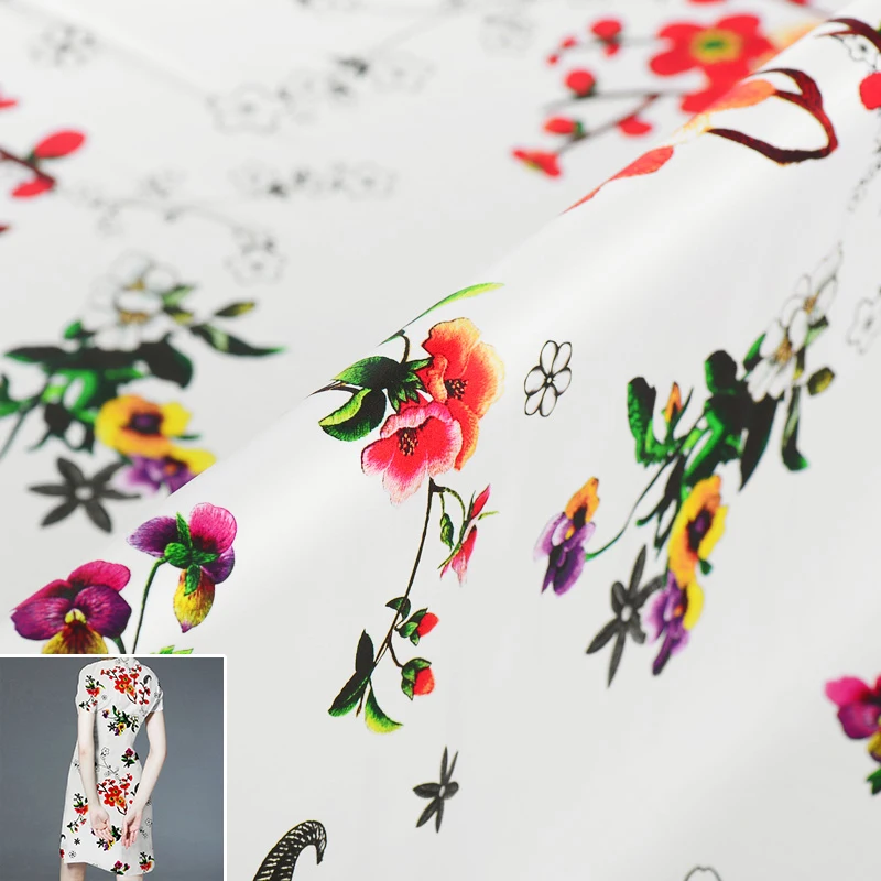 

50x112cm/piece Fashion Line Drawing Plant Flower 100% Real Silk Fabric Cloth For Manual Dress Clothing DIY Sewing Patchwork