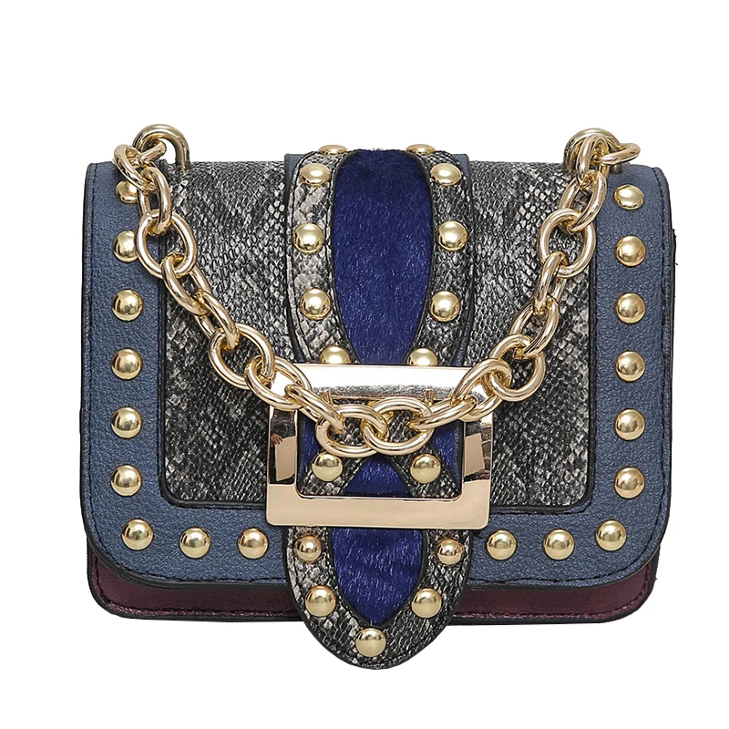 

Blue Purple Serpentine Rivet Women Handbag Chain Shoulder Bag Women Messenger Bags Borse Donna Marche Famose Brand Pelle Marchio