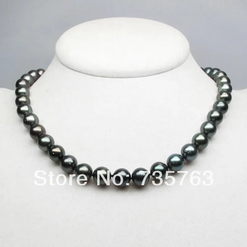 

xiuli 001229 HIGH LUSTER!9-10MM GREEN TAHITIAN PEARL NECKLACE 17.2INCH,14KGP GOLD CLASP