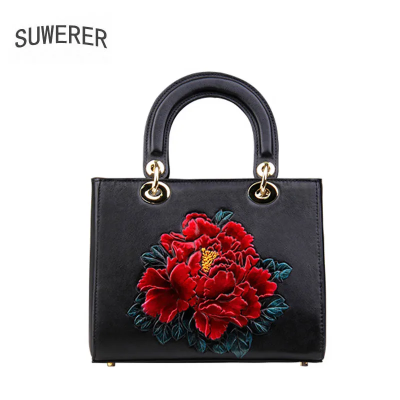 

SUWERER 2018 New Genuine Leather women bag for women fashion Embossing luxury handbags women bag designer leather tote bag