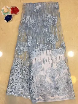

2018 Latest French Nigerian beads Laces Fabrics High Quality African Laces Fabric Wedding Glued glitter sequins Tulle Lace blue