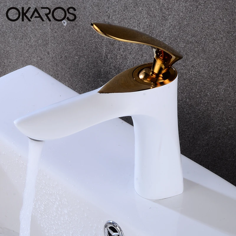 OKAROS, белый кран для раковины, водопроводный кран в форме листа, кран для ванной комнаты, Твердый латунный белый кран, окрашенный смеситель для раковины, M061-W-G