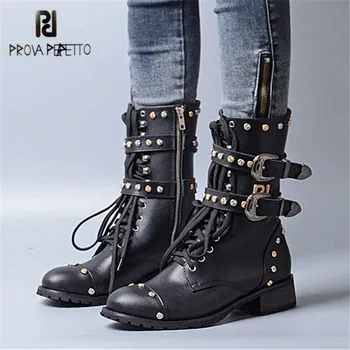 

Prova Perfetto Punk Style Women Gladiator Boots Handsome Rivets Buckle Strap Riding Boots Genuine Leather Lace Up Flat Botas