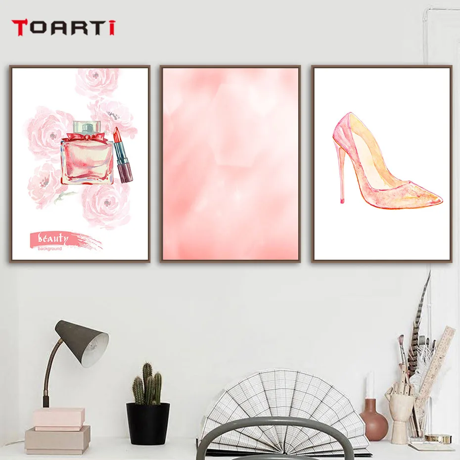 Lipstick Perfume Shoes Wall Art Pink Theme Abstract Watercolor Posters&Prints For Girls Room Decor Beautiful Gift For Christmas (5)