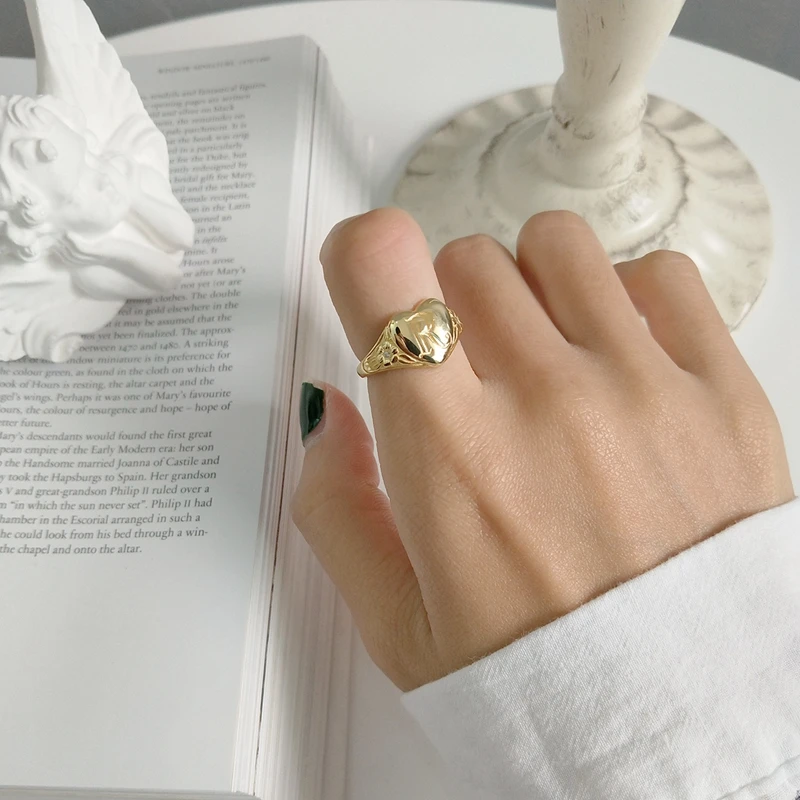 

Korean Fancy Letter Heart 925 Sterling Silver Ring Adjustable Delicate Gold Romantic Carved Flower Women Fashion Luxury Jewelry