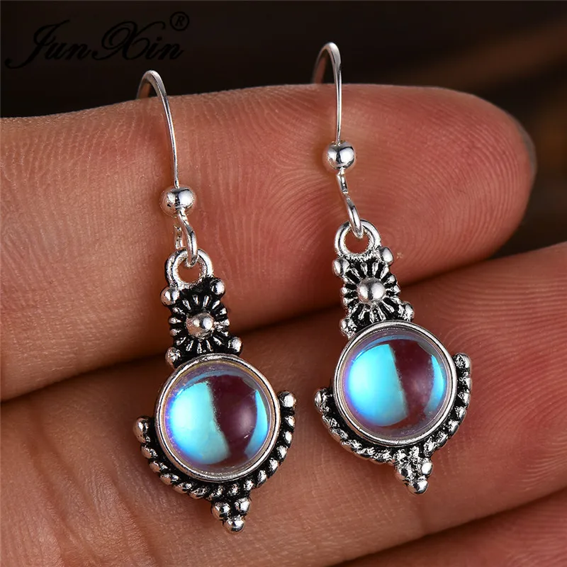 

New Fashion Clear Round Moonstone Drop Earrings Female 925 Silver Rainbow Stone Earrings For Women Long Double Dangle Earrings