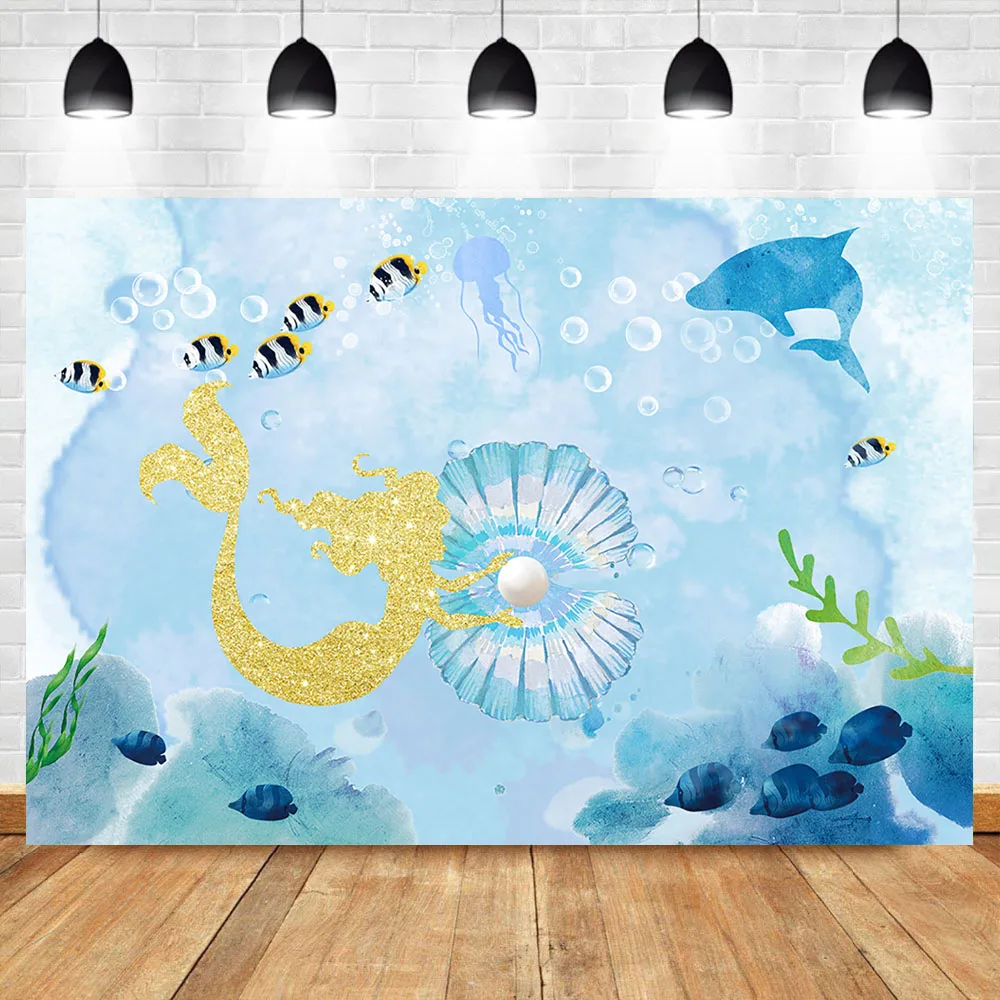 

Shiny Gold Mermaid Background Shell Pearl Whale Blue Ocean photography backdrops