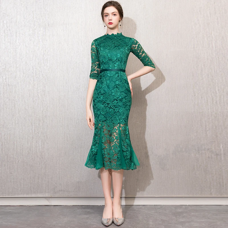 JaneVini/винтажное зеленое кружевное вечернее платье с половиной рукава, длинное вечернее платье русалки длиной до колен платье для матери