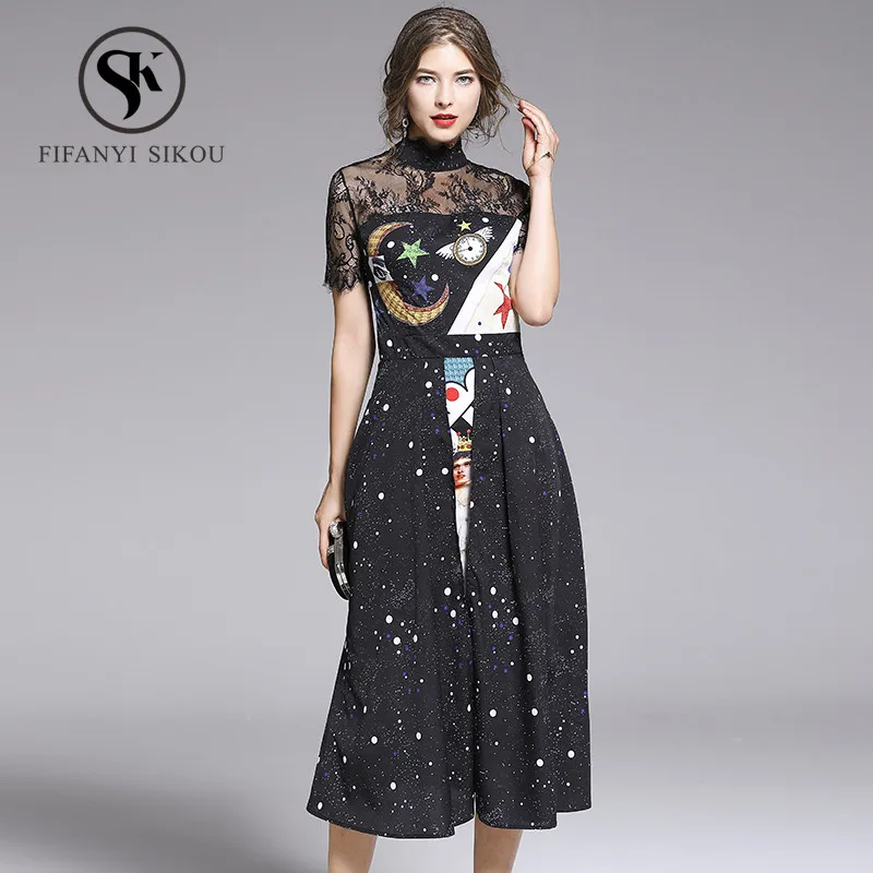 

Black Vintage Print Dress women Fashion Lace Splice Short sleeve Long Dress Ladies Elegant Party dress Summer Dresses Vestidos